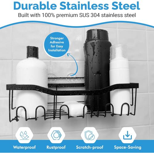 Black Shower Caddy – Rustproof Stainless Steel Bathroom Organizer Shelf with Hooks & Adhesive Mount – No-Drill, Waterproof, Wall-Mounted Storage Rack for Shampoo, Conditioner, Soap & More