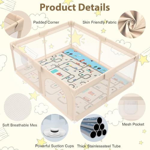 Baby Playpen with Mat 79x71inch - Extra Large Play Pen for Babies and Toddlers Indoor & Outdoor Baby Playard with Soft Breathable Mesh Cover - Sturdy Foam Infant Gate Playpen(Apricot)