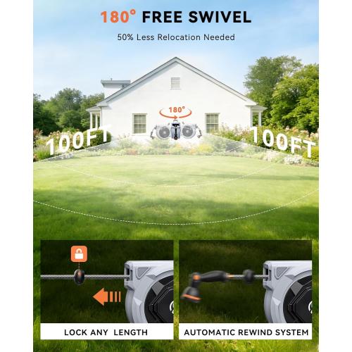 SUNPOW Retractable Garden Hose Reel - 1/2 x 100ft Wall Mounted Hose Reel with 3/4'' Brass Fitting & 10-Pattern Nozzle - Auto Slow Retraction, Any-Length Lock, 180°Swivel for Lawn & Gardening