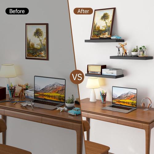 BAYKA Floating Shelves for Wall, Wall Mounted Rustic Wood Shelves for Bathroom, Bedroom, Living Room, Kitchen, Hanging Shelf for Books/Storage/Room Decor with 22lbs Capacity (Black, Set of 3, 15.7in)