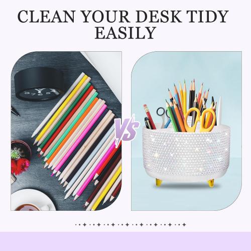 Bling Silver Rhinestone Desk Organizer with 5 Slots 360 Degree Rotating, Bling Pen Holder Makeup Brush Holder for Women, Silver Rhinestone Office Accessories