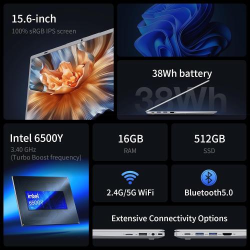 UOWAMOU 15.6 IPS-FHD-Laptop, 16GB RAM 512GB SSD 6500Y (up to 3.4GHz), Multi-Ports Lightweight Computer for Student-Home WiFi 5 BT5.0