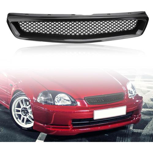 Front Bumper Grille Fit 1999-2000 for Civic Coupe/Sedan JDM Type R ABS Black Mesh Front Upper Grill Guard Replacement Part