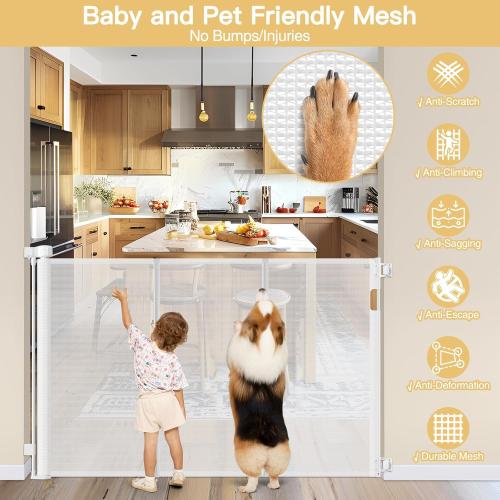 Reinforced 42 Extra Tall Retractable Baby Gates Tall Dog Gate with Support Rods, 55 Wide Mesh Gate Retractable Pet Gate Indoor/Outdoor Baby Gates for Dogs - Bottom Anti-Escape, White