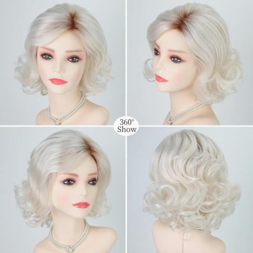 RENERSHOW Short Platinum Blonde Wave Curly Wigs for White Women 12inch Ombre Wavy Bob Wig Side Part Synthetic Average Size Wig Natural Looking Daily Party Wig