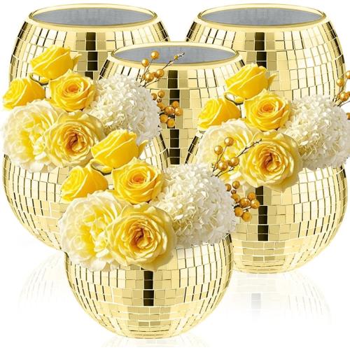 6 Pcs Disco Ball Vase,5 X 6 Disco Ball Centerpieces,Glass Disco Ball Planter Mirror Disco Ball Decor Can Be Used for Wedding Centerpieces,Birthday,Office(Gold)