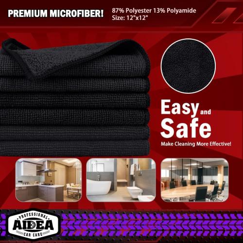 AIDEA Microfiber Cleaning Cloth Black 10PK, Microfiber Towels for Cars, Premium Wash Cloths, Dusting Cloth Lint Free Cleaning Rags for SUVs, House, Kitchen, Window, Cleaning Supplies12×12
