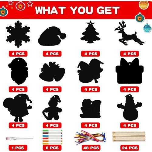 Max Fun Christmas Crafts Scratch Art for Kids, 48PCS Magic Rainbow Scratch Off Paper Cards, Christmas Ornaments Hanging Art for Kids Party Favors Supplies, Stocking Stuffers Educational Toys