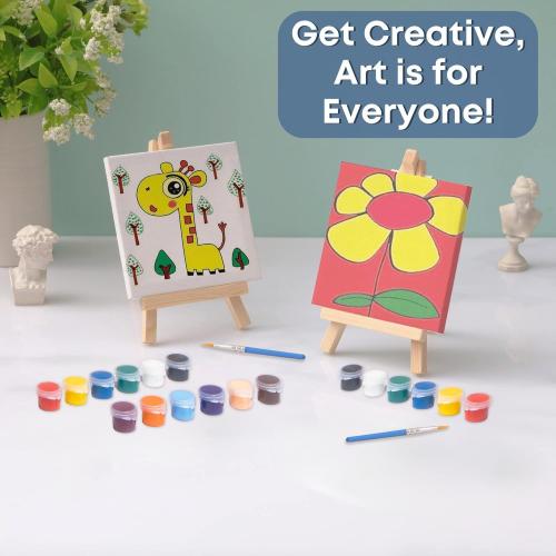 Mini Canvas and Easel Set with 10 Colors Acrylic Paint in Bulk Set of 12 - Kids Art Party Favors & Party Supplies - 4x4 Small Canvases for Painting with Mini Easel - Paint for Kids