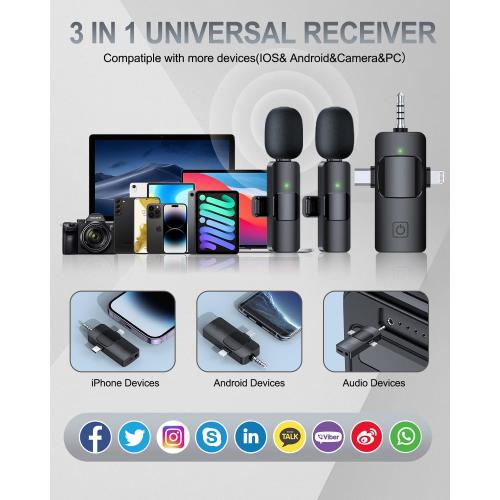 PQRQP 3 in 1 Professional Wireless Lavalier Microphone for iPhone, Android, Camera, Wireless Microphones, Mini Microphone, Crystal Clear Sound Quality for Recording, Live Streaming, Microphone Clips