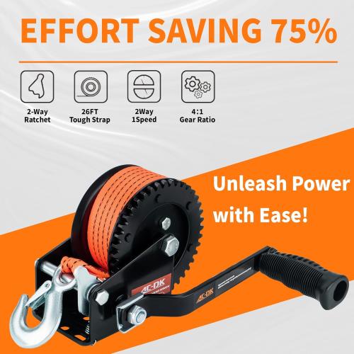 AC-DK 1600lbs Heavy Duty Boat Trailer Winch with 26FT Strap, 2-Way Ratchet & 4:1 Gear Trailer Winch, Portable Hand Crank Winch for Boat, Truck, Trailer, RV, ATV, Jet Ski
