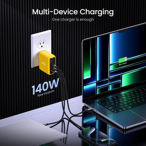 Yellow AOHI Magcube 140W USB C Charger PD3.1 3-Port GaN  Laptop Wall Charger 100W Fast Charging Power Adapter Foldable Plug for MacBook Pro 16'', Dell XPS, iPad Pro, Galaxy, iPhone 15 Pro, Chromebook, Yellow