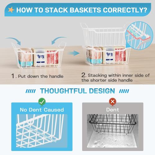 Freezer Organizer Bins, 8 Pack Chest Freezer Organizer Stackable for 5-7 Cu.FT Deep Freezer Sort Frozen Meats and Food, Freezer Storage Baskets with Handles Easy Reach from Bottom, White