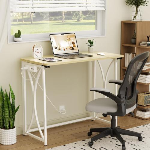 Folding Table, 31.5 Small Desk for Bedroom with Power Outlet, Space Saving Foldable Computer Desk for Home Office, Easy Assembly, Beige