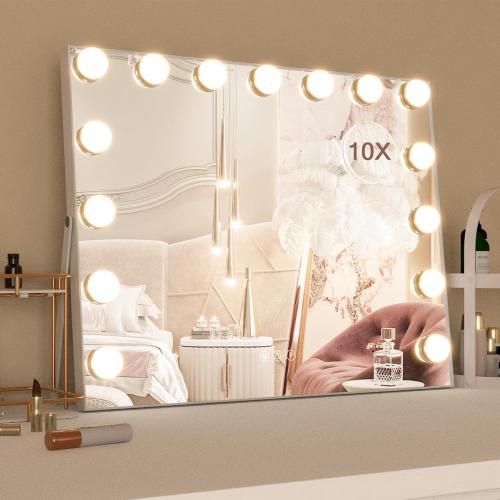 White 58x46 CASSILANDO Vanity Mirror with Lights,Hollywood Makeup Mirror, Large Vanity Lighted Mirror with 15 LED Bulbs, 3 Color Lighting Modes,58 * 46cm