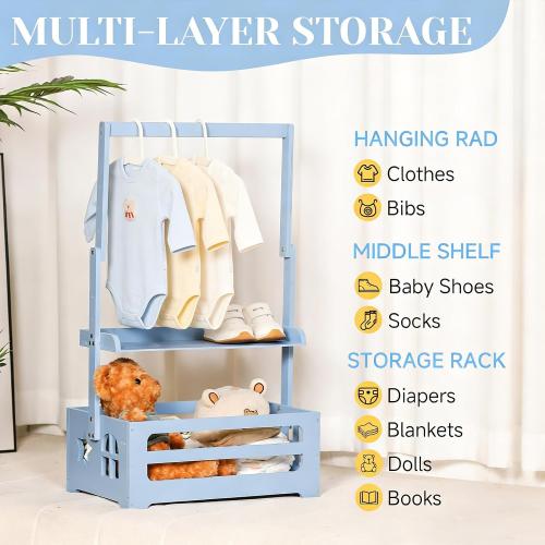 Baby Shower Crate Closet, Gender Reveal Storage Box with Wooden Baby Clothing Display Rack, Nursery Closet Organizer with Hanging Rod, Shelf & Toy Crate for Newborn Boy or Girl - Blue