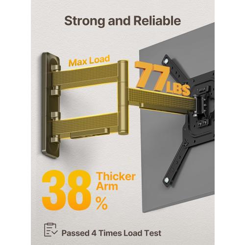 monTEK Full Motion TV Wall Mount for 23–65 Inch Flat & Curved TVs and Monitors, Swivel & Tilt Articulating Bracket, Max VESA 400x400mm, Holds up to 77 lbs, Perfect Center Design