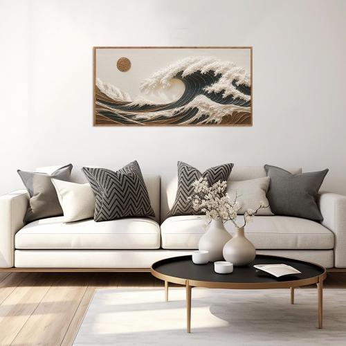 HLNIUC Boho Sea Great Wave Framed Canvas Wall Art,Vintage Japanese Ocean Horizontal Wall Decor,Large Abstract Nature Artwork(40x20),Neutral Sun Seascape Prints for Living Room,Bedroom,Office