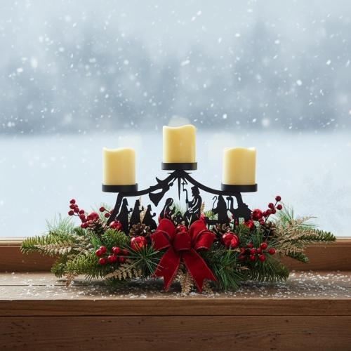 Christmas Candle Holder Christmas Decorations 3 Candle Holders with Metal Nativity Scene Black Silhouette Cedar Branches Pine Needles Berries Red Bow and Ball Ornaments for Xmas Decorations