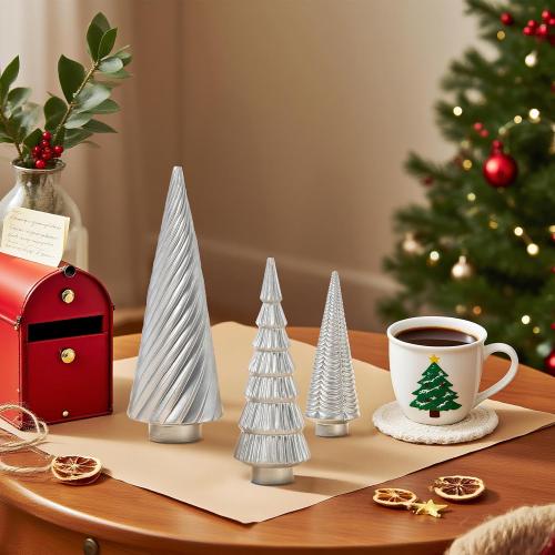 DN DECONATION Silver Christmas Tree Figurines Set of 3, Table Top Xmas Tree Decor with Glitter, Modern Pine & Swirl Design, Resin Christmas Trees for Mantel, Desk, Fireplace,Holiday Centerpiece
