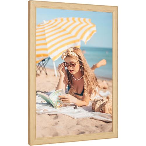 Wood 24x36 Poster Frame, Rustic Natural 36x24in Woodgrain Picture Photo Frame, Modern Beige 24 x 36inch Gallery Wall Frame with HD Plexiglass, Horizontal Vertical Wall Mounting Display 1pcs