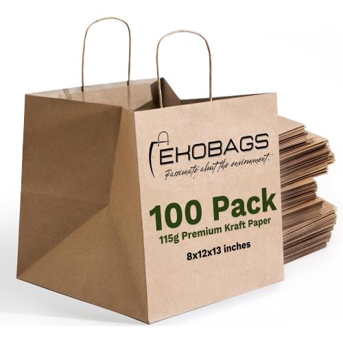 EKOBAGS SIENNA 100 | Extra Large 12x8x13 Heavy Duty Kraft Paper Gift Bags with Handles | 115 GSM Premium Brown Paper Bags Bulk for Small Business, Boutique, Shopping, Catering | FSC Certified, Recyclable | Holds 10 lbs