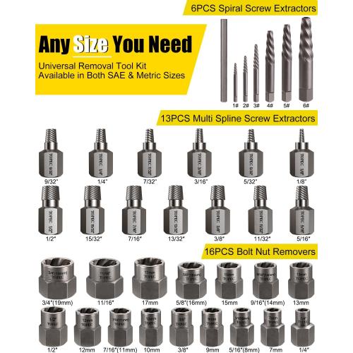 Topec 36Pcs Screw & Bolt Extractor Kit, 3-in-1 Easy Out Screw Extractor Set, 3/8 Drive Broken Bolt Extractor Socket Set, for Damaged, Rounded, Stripped Screw Removal