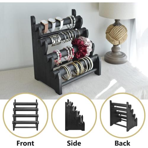 Ikee Design Antique Wooden 4 Tier Jewelry Bracelet Display Stand Bangle Scrunchie Organizer Holder for Store, Showcase and Home Storage, 12 W x 9 D x 14 H, Black Color