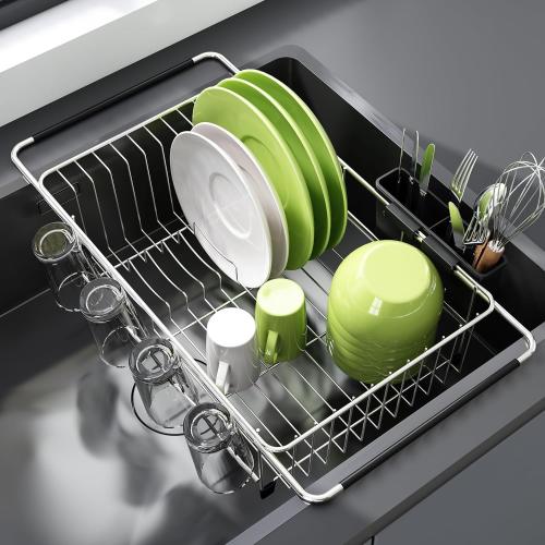Over the Sink Expandable Dish Drainer Drying Rack In Stainless Steel for Small Kitchen, Counter Space Saving Modern Compact Metal Above Plate Dryer Strainer, Adjustable Hanging Inside Drain Holder