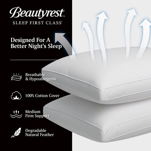 Beautyrest Goose Feather Down Fiber Gusseted Pillows, Firm Hotel Pillow Luxury Bed Pillows, 100% Cotton Cover, King Size Set of 2