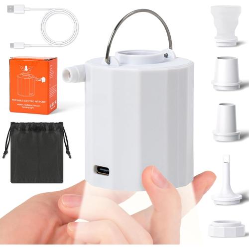 Black Portable Air Pump for Inflatables - 4.5Kpa Mini Powerful Air Mattress Pumps with Camping Light & Nozzles, Rechargeable Inflator Deflator Machine for Pool Float Sleeping Pad Vacuum Storage Bags