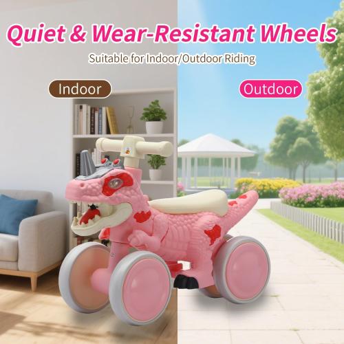 Color green Dinosaur Balance Bike for 1-3 Year Olds, Toddler 4-Wheel No-Pedal Walker Scooter with Music & Mist Spray Effects, ASTM Certified First Birthday Gift for Boys & Girls