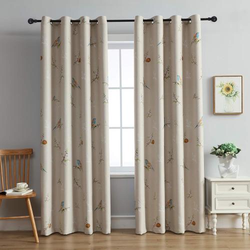 Double Sided Patterned Birds Blackout Curtains for Bedroom 84 Inches Long 2 Panels Thermal Insulated Farmhouse Taupe Window Drapes for Living Room