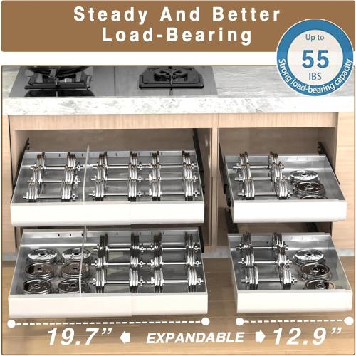 21 Deep Expandable Pull Out Cabinet Organizers, Adhesive with Nano Film, for Framed Cabinets. Upgrade Slide Rails, Peel and Stick Slide Out Drawers with Divider Racks for Kitchen