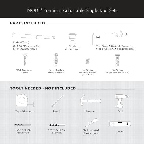MODE Premium Collection Single Curtain Rod Set with Mod Doorknob Finials - 72 to 144 in, Gold