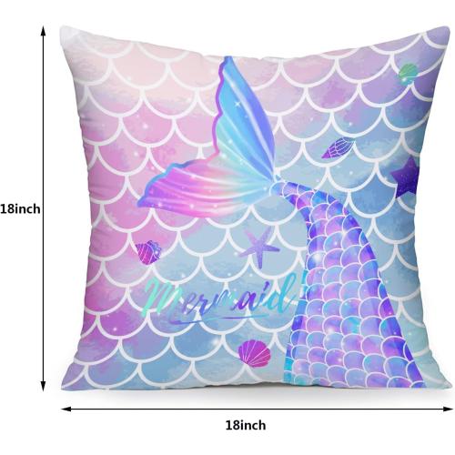 MUSOLEI Mermaid Pillow Cover,18x18 Pack of 2 Square Soft Mermaid Tail Blue Pillow Cases with Zipper Mermaid Nursery Decor Girl Bedroom Decor Little Mermaid Room Decor for Girls Couch Sofa Living Room
