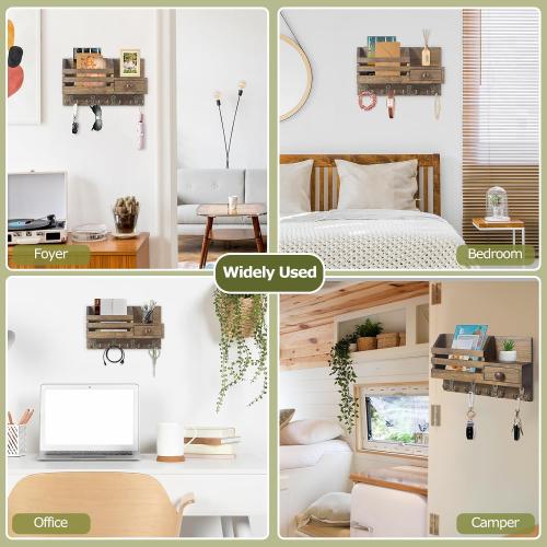 Key Holder Wall Mount, Wooden Adhesive Mail and Key Organizer with Drawer, Small Shelf, 8 Hooks, 2 Installation Methods, Brown