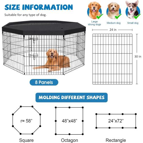 Dog Pen Pet Playpen Dog Fence Indoor Foldable Metal Wire Exercise Puppy Play Yard Pet Enclosure Indoor Outdoor 8 Panels 30 Inch with Bottom Pad/Top Cover(Black 30 top Cover)