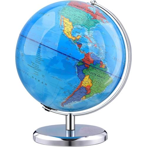 World Globe with Stainless steel Stand Rotating Earth Spinning Globe for Kids Geography Classroom Education or Decorations (8 Inch Blue)