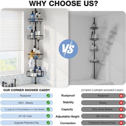 Corner Shower Caddy Tension Pole: Stainless Steel Rustproof 4-Tier Shower Organizer - 47-121 inch Adjustable Bathroom Shelves for Bathtub Shampoo Storage - Tension Rod Floor Standing Bath Rack - Black