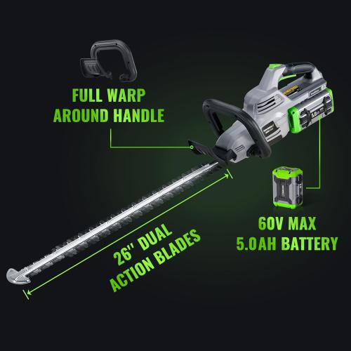 Grey and Green 26-Inch Hedge Trimmers Cordless with Battery 60V Electric Bush Trimmer 5Ah Battery Power Heavy Duty Hedge Trimmer Brushless|Dual Action Steel Blades|1 Cutting Capacity for Shaping Hedges Shrubs