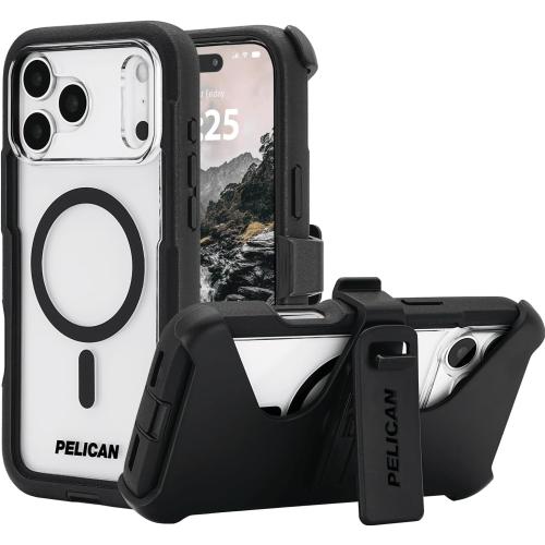 Pelican Voyager iPhone 17 Pro Max Case [Compatible with MagSafe] Rugged Phone Case, 24ft Military-Grade Drop Protection - Heavy Duty Cover w/Belt Clip Holster for iPhone 17 Pro Max - Black/Clear