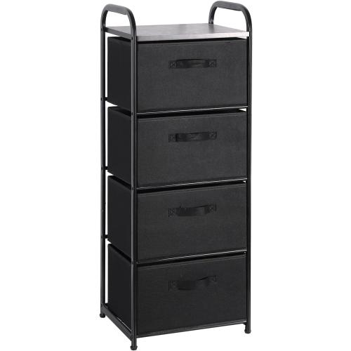 MAX Houser 4 Drawer Fabric Dresser Tall Storage Tower, Dresser Chest with Wood Top, Vertical Nightstand Side Organizer Unit with Metal Frame for Closets Bedroom Nursery Room Hallway(Black)
