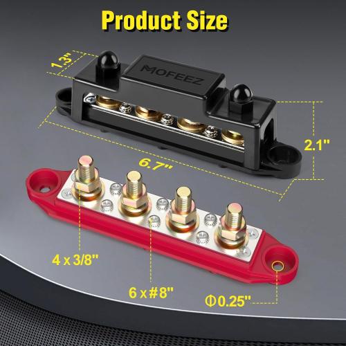 MOFEEZ Power Distribution Block Bus Bar, 4 x 3/8 Posts, 6 x #8 Screws Terminals, Max 48V 250A (Pair, Red & Black)