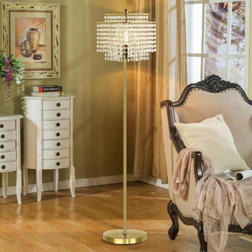 Luvkczc Gold Crystal Floor Lamp, 64 Tall Elegant Standing Lamp with On-Off Foot Switch, Double-Layer Lampshade, Standing Floor Lamps for Living Room, Bedroom, Office, 8W LED Bulb Included