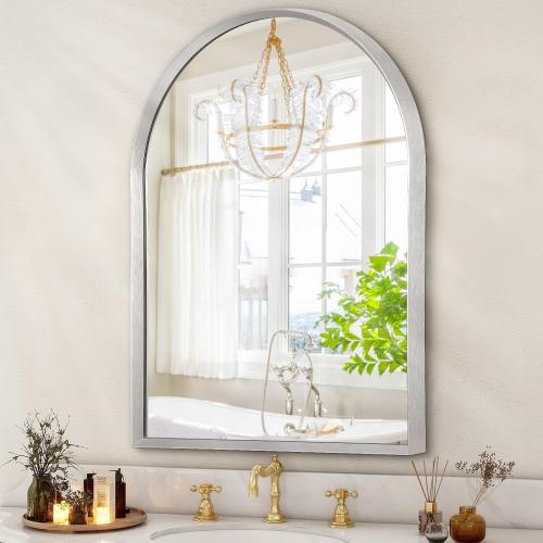 Arched Wall Mirror, 26x18 Silver Arch Mirror, Metal Frame Bathroom Mirrors, Arched Vanity Mirror for Living Room Bedroom Mantel Entryway