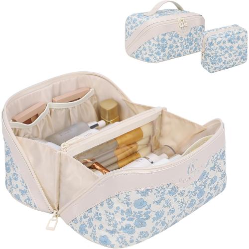 Travel Makeup Bag Organizer Cosmetic Bag, 2Pcs Floral Make up Bag Portable Pouch Open Flat Pouch Clear Divider and Handle