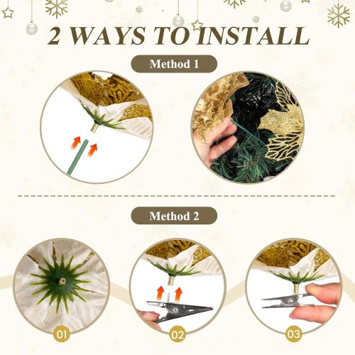 76PCS Christmas Tree Decorations Set, Gold Christmas Ornaments Poinsettia Flowers Artificial Christmas Balls Star Topper Berry Stems Snowflakes Mesh Ribbons for Xmas Tree Decor (13 Style)