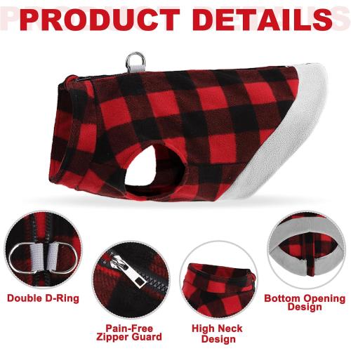 Mihachi Dog Fleece Vest Sweater Zip Up Warm Pullover Step-in Dog Jacket with Dual D-Ring Leash, Winter Cold Weather Reflective Coat Clothes Hoodie for Small Medium Dogs Puppy Cat Boy Girl,Plaid S