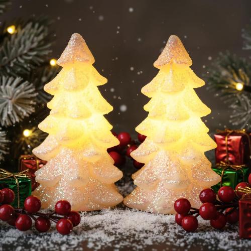 Glooglitter 2 Pcs 5.5 White Christmas Tree Flameless Candles Glittering Real Wax Flickering Battery Operated LED Handmade Carved Candles for Xmas Party Decoration Gifts